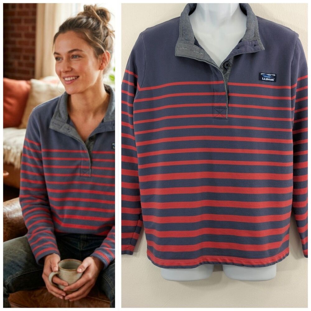 L L Bean XL Womens Long Sleeve Shirt 1/4 Button Collared Striped Shirt Fall Pick
